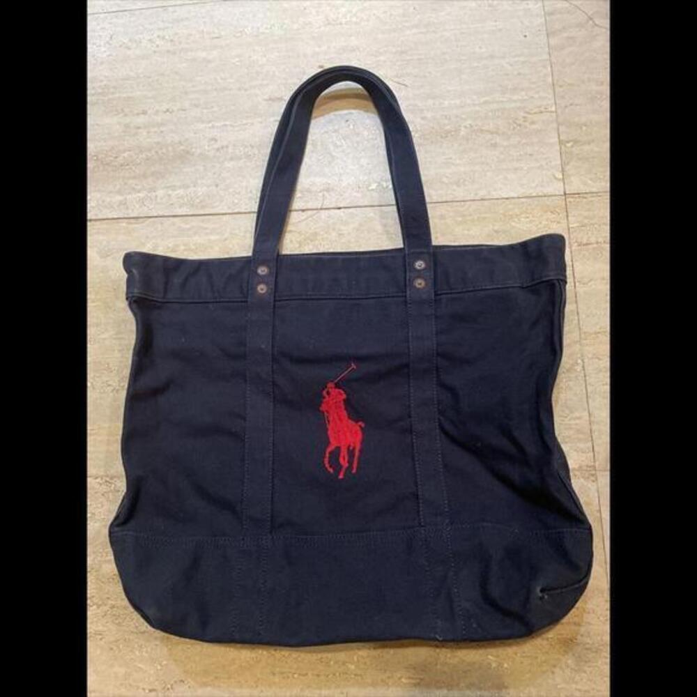 Polo Ralph Lauren Tote Bag Blue Canvas Denim Pony & Flag‎ Embroidery 20x15x6”